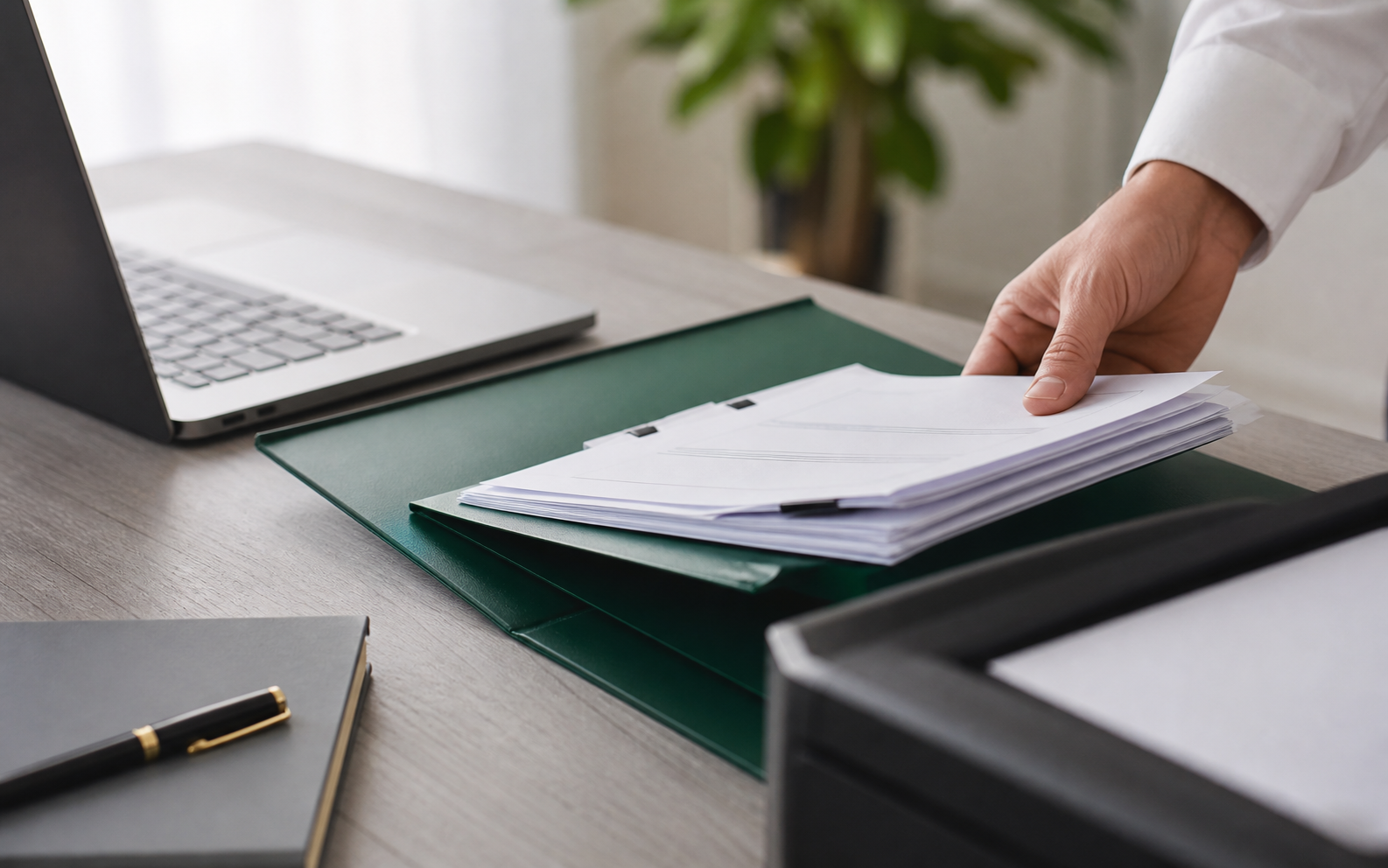 Documents being prepared in a green folder