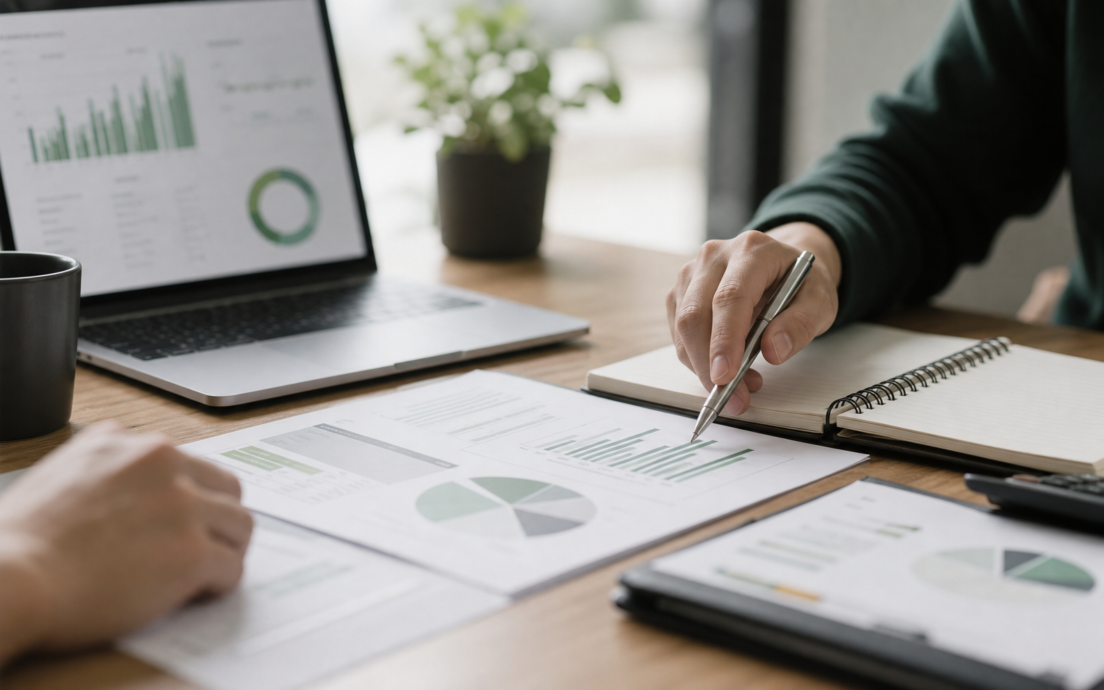 Account review documents and laptop showing portfolio analysis